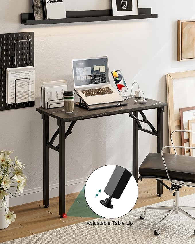 Frylr Small Folding Computer Desk โ 35.8 Inch Portable Table for Craft and Study, Lightweight Desk for Small Spaces, Foldable Laptop Table Built-in AC/USB Outlets for Convenience, Marble Greige