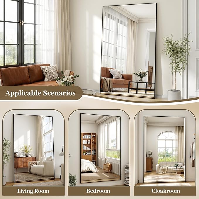 Easly Full Length Mirror with Stand 46"x76" Full Body Mirror Floor Mirror Standing Hanging or Leaning Wall, Wall Mirror with Stand Aluminum Alloy Frame for Living Room Bedroom Cloakroom,Black