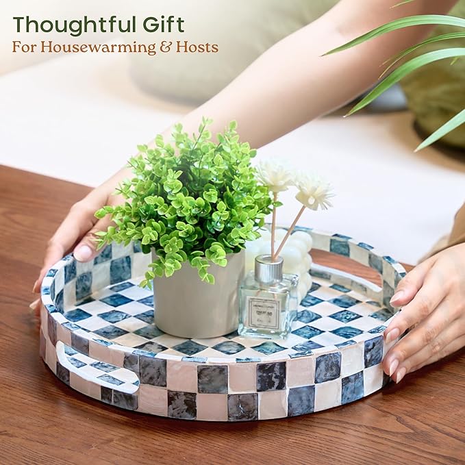 CHI AN HOME 12.6" Round Decorative Tray with Handles, Checkered Capiz Mother of Pearl Serving Tray for Coffee Table, Kitchen Counter, or Bathroom (Navy Blue)