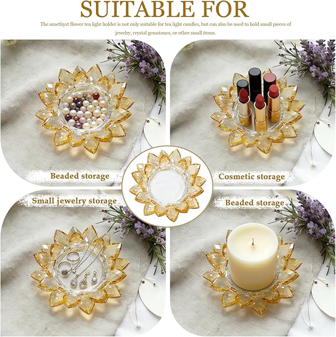 Crystal Flower Jewelry Tray, Transparent Decorative Trinket Dish for Rings, Earrings, Necklaces, Keys for Vanity Dresser Nightstand, Elegant Gift for Women Mother's Day (2, 6.3"(W)- Gold)