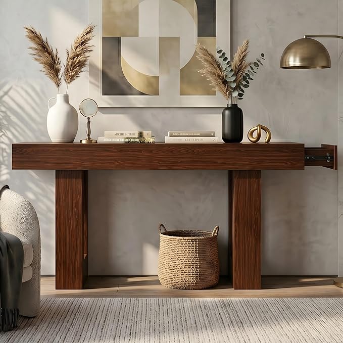 FURSUN 63" Console Table with 2 Drawers, Slim Entryway Table for Hallway, Narrow Sofa Table Behind Couch, Farmhouse Long Wood Accent Table for Foyer & Living Room, Dark Walnut