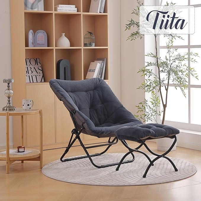 Tiita Folded Chair with Ottoman, Soft Faux Fur Oversized Folding Accent Chair,Lazy Chair, Metal Frame Moon Chair for Bedroom, Living Room, Dorm Rooms, Garden and Courtyard