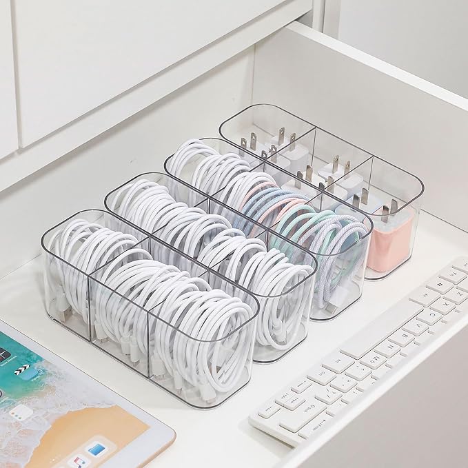 Large Cable Storage Box with Lid, Plastic Power Cords Organizer for Desk Drawer, Clear Home Office Container for Cell Phone Charger, Art Crafts and Stationery