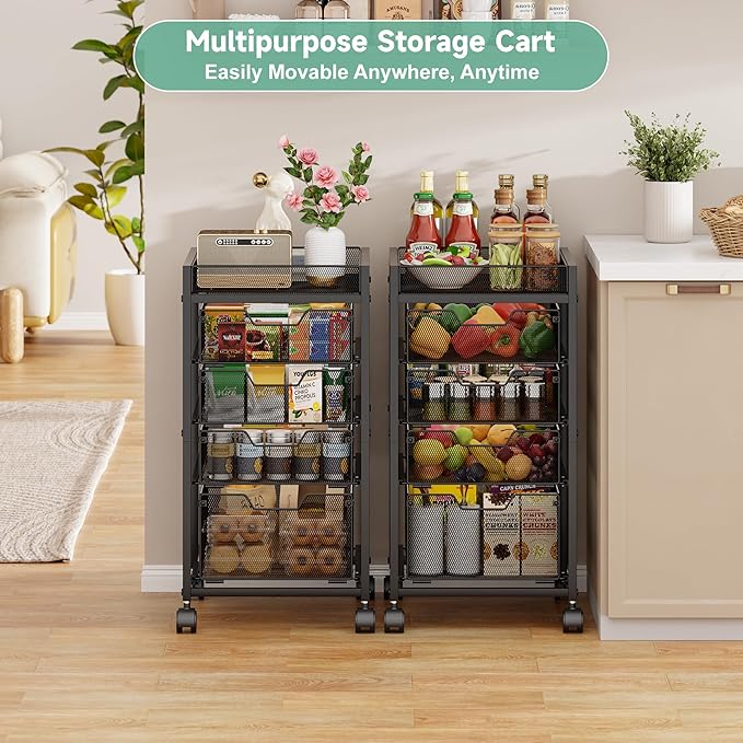 keomaisyto 5-Tier Kitchen Storage Cart with Top Basket & Drawers, Fruit and Vegetable Storage Rack on Wheels, Metal Rolling Cart with Drawers & Kitchen Organization for Snacks, Potatoes, Onions, Cans