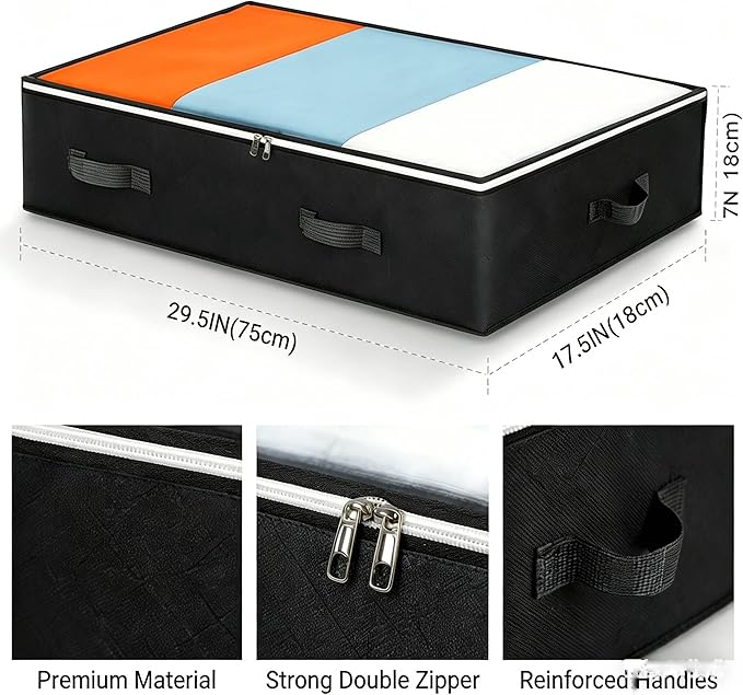 4 Pack Under Bed Storage, Closet Organizers and Storage Containers with Clear Window Foldable Underbed Storage Bags for Clothes,Shoes, Blankets Pillows, Linen Sheets, Black