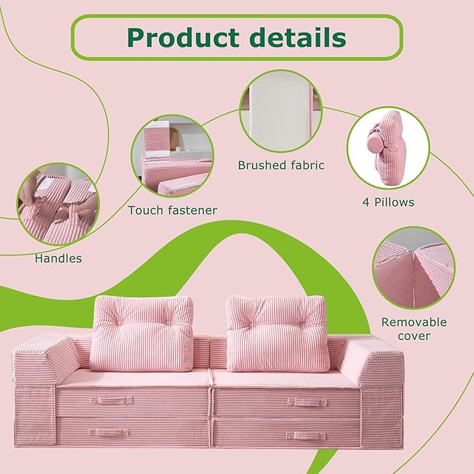 Folding Sofa Bed, 4 in 1 Convertible Sleeper Chair with Pillow, Loveseat Memory Foam Fold Out Chair Bed, Modern Floor Futon Sofa Couch Mattress for Living Room/Guest/Apartment, Pink