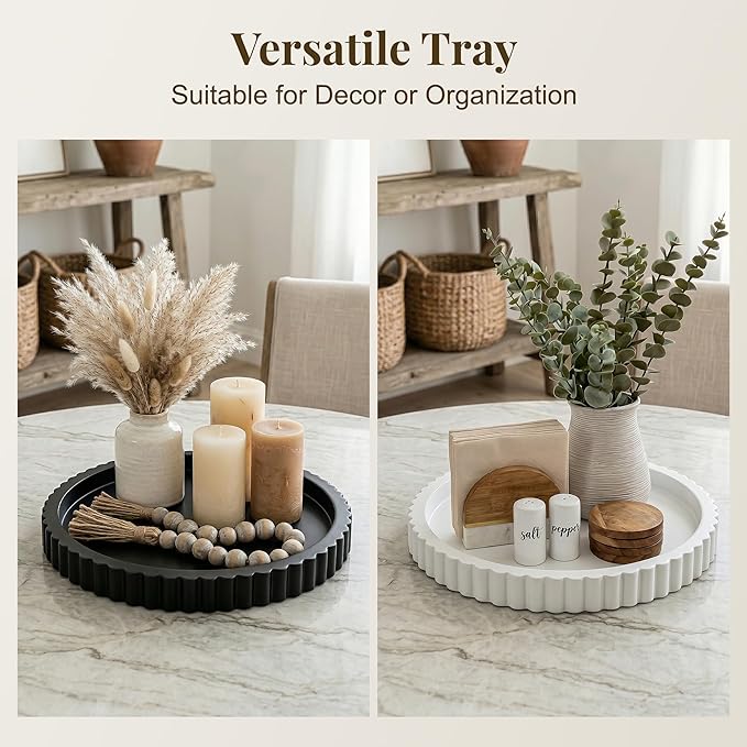 Decorative Tray for Coffee Table, 11.4" Modern Minimalist Wooden Round Decor Tray for Kitchen, Living Room, Home Decor, Tv Stand, Bathroom Sink, Entryway, White Color