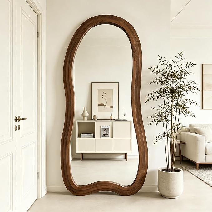 Large Irregular Floor Mirror, 67"x31.5" Asymmetrical Full Length Mirror with Triple Layer Solid Wood Frame, Organic Shaped Mirrors for Living Room Entryway Hallway Bedroom, Leaning/Hanging