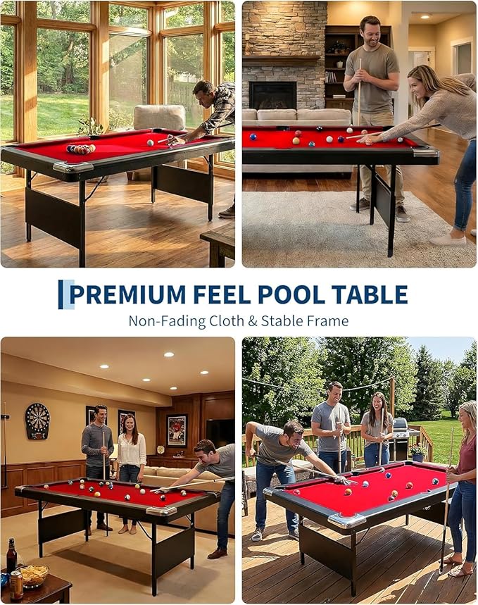 7 Foot Pool Table for Family, Foldable No Assembly Pool Table with Balls, Cues, Chalk, Rack & Brush, Portable Billiards Game Table for Apartment, Basement, Office & Game Room