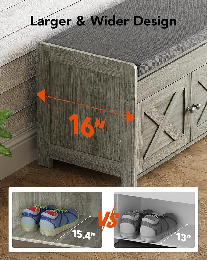 Pipishell 2-Tier Shoe Storage Bench with Cushioned Seat, Entryway Bench with Adjustable Shelf & Barn Doors, 300 lbs Capacity, 39.4" W x 16" D x 18" H, for Entryway, Bedroom, Living Room, Gray