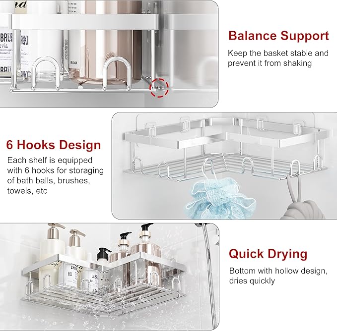 Liuoud Corner Shower Caddy 5 Pack, Rustproof Stainless Steel Shower Organizer with Soap Rack Toothbrush Holder, Large Capacity Adhesive No Drilling Bathroom Kitchen&Home Decor Set, Silver