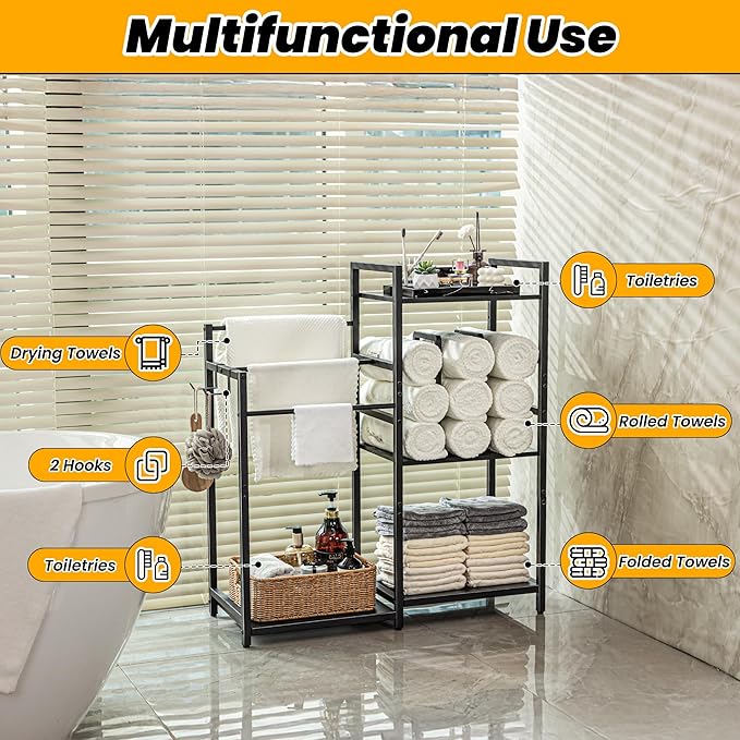 Aquzee Towel Storage for Bathroom, 3-Tier Towel Drying Rack Stand, Standing Towel Racks, 2 Hooks for Looafhs, Towel Holder for Rolled Folded Drying Towels, Black
