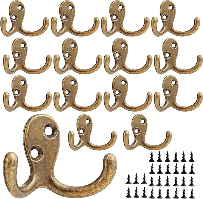 Coat Hooks Wall Hooks for Hanging - 15 Pack Bronze Double Prong Hook Wall Mounted - Great for Living Room, Bedroom, Entryway, Closet for Coat, Bag, Towel, Hat, Key, Cup, Heavy-Duty, Easy to Install
