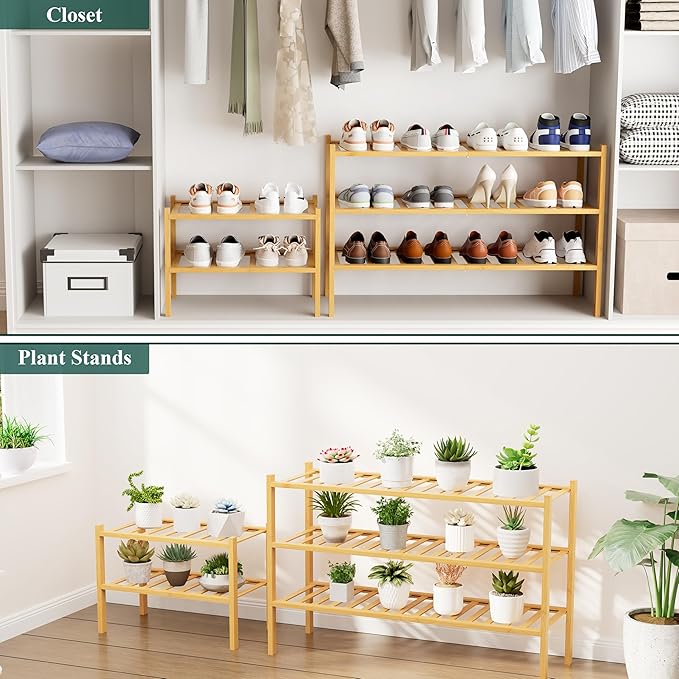 Smiry Small Bamboo Shoe Rack, 4 Tier Free Standing Wooden Shoe Organizer, Stackable Wood Shoe Storage Shelf for Closet, Entryway, 12 Vertical Slats, 2+2 Stack Standard Legs, 17.3"x11"x26", Natural