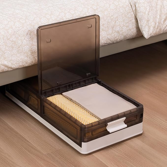 Plastic Under Bed Storage 58QT/14.5Gal Flat Underbed Storage Containers with Lid and 8 Rolling Wheels Folding Stackable Under Bed Organizer Boxes for Clothing Blanket Shoes Books,1 Pcs