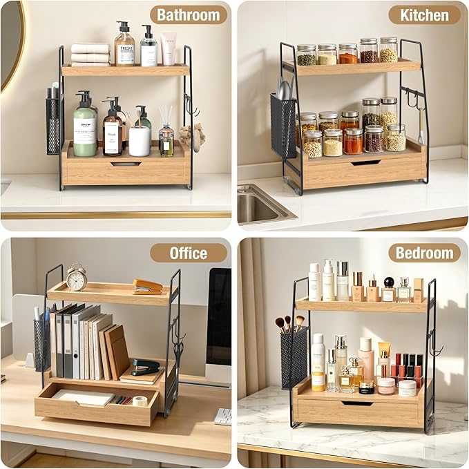2-Tier Bathroom Counter Organizer with Drawer and Removable Basket, Wood Vanity Countertop Storage for Perfume, Makeup, Skincare, Bathroom Counter Shelf, Moisture-Resistant, Light Brown