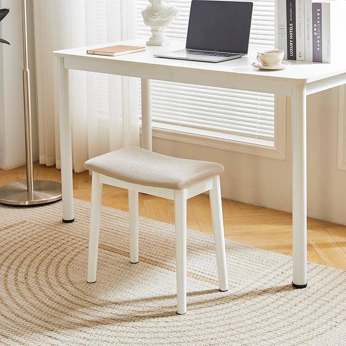 IBUYKE Saddle Cushion Vanity Stool Chair, Foot Rest Stool with Solid Wood Legs, Modern Vanity Bench Ottoman for Piano, Upholstered Seat for Bedroom, Entryway, White Legs&Light Linen WBD007WY