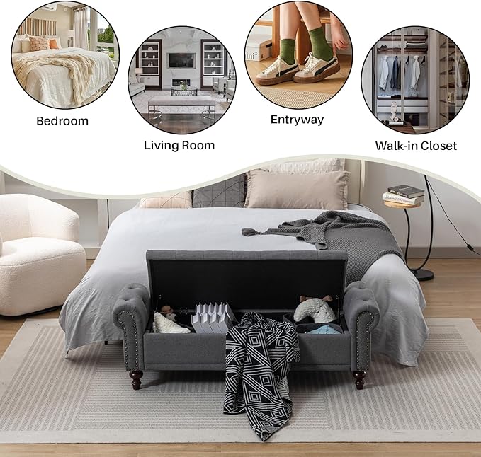 SOFTHION 58.1" Storage Bench Upholstered Linen End of Bedroom Bed Bench Ottoman with Tufted Cushioned Rolled Arm Large Storage Space for Reading Living Room Entryway, Grey