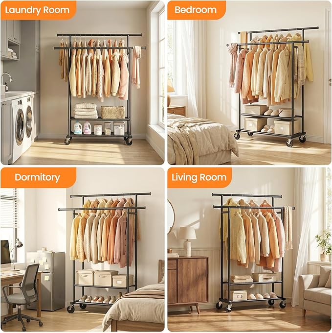 Double Rods Clothes Rack, Rolling Clothing Rack for Hanging Clothes Closet Rack with Wheels, Metal Portable Garment Rack with Double Shelves for Bedroom Laundry Living Room, Matte Black