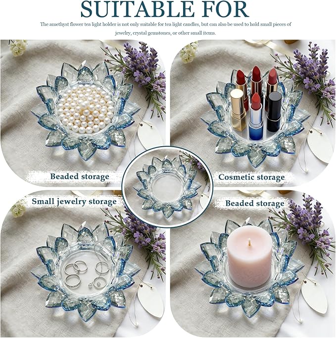 Crystal Flower Jewelry Tray, Luxury Transparent Decorative Trinket Dish for Rings, Earrings, Necklaces, Keys for Vanity Dresser Nightstand, Elegant Gift for Women Mother's Day (1, 6.3"(W)- Blue)