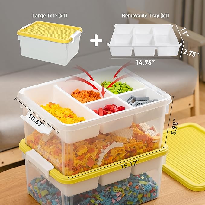 Citylife 17 QT Plastic Storage Box with Building Baseplate Lid and Removable Tray Craft Organizers and Storage Clear Storage Container for Organizing Bead, Tool, Sewing, Yellow-2 Packs