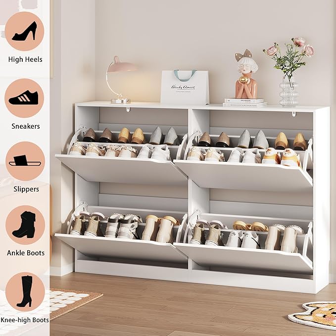Shoe Storage Cabinet, Wood Shoe Organizer for Entryway with 4 Flip Drawers, Freestanding Shoe Rack with Adjustable Shelf, Narrow Shoe Dresser for Front Door Entrance(White, 47.24" x 32.28" x 9.44")