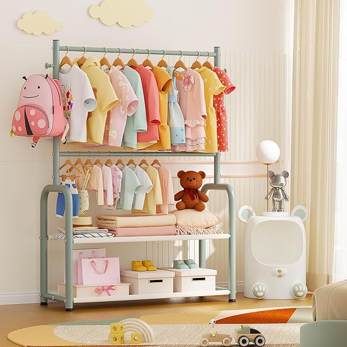 Kids Clothing Rack with 2-Layer Storage Shelf and 2 Adjustable Hanging Rods, Dress Up Rack for Hanging Clothes,Dress up Storage for Baby Toddle Kids(Classic, Green)