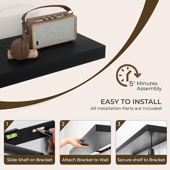 RICHFOCUS 40Inch Floating Shelves for Wall 1 Pack Shelves for Bedroom|Kitchen|Bathroom|Laundry Room Rustic Wood Wall Mounted Shelf with Invisible Brackets for Books|Storage|Decor, Black
