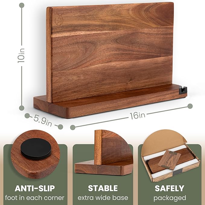 WALDWERK Extra Large Magnetic Knife Holder (16โ) - Acacia Wood Knife Block Without Knives - Knife Holder - Magnetic Knife Block - Knife Storage - Knife Magnet Organizer for Countertop