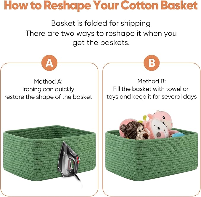 OIAHOMY 4 Pack 14.17 * 11.02 * 6.3IN Storage Baskets for Organizing Shelves, Woven Rope Baskets for Organizing Books, Clothes, Decorative Basket for Living Room, Nursery, Bedroom, Gift Basket, Green