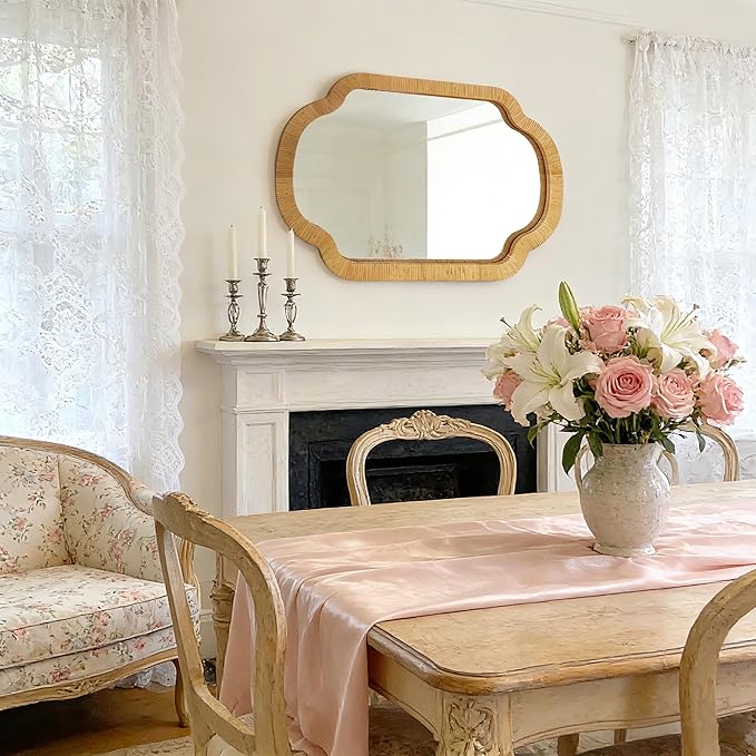 BAODANFU Natural Scalloped Rattan Wall Mirror, 24"ร36" Hand-Woven Decorative Mirror for Entryway, Bathroom, Bedroom, Dining Living Room, French Vintage/Wabi-Sabi Home Decor, Horizontal/Vertical