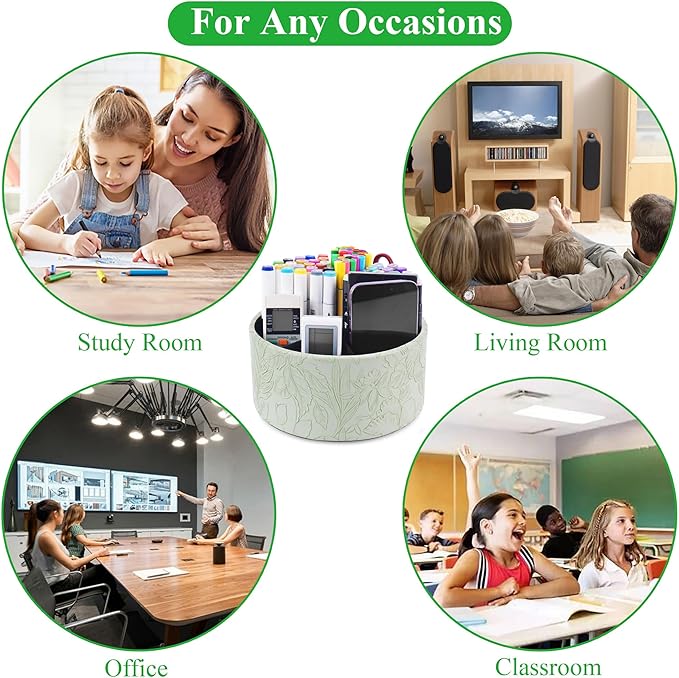 Remote Control Holder, 360°Spinning PU Leather Desk TV Remote Caddy,Desk Storage Box Room Accessories for Controller, Media,Mail,Calculator, Mobile Phone,Pencil(1-Carved Green1)