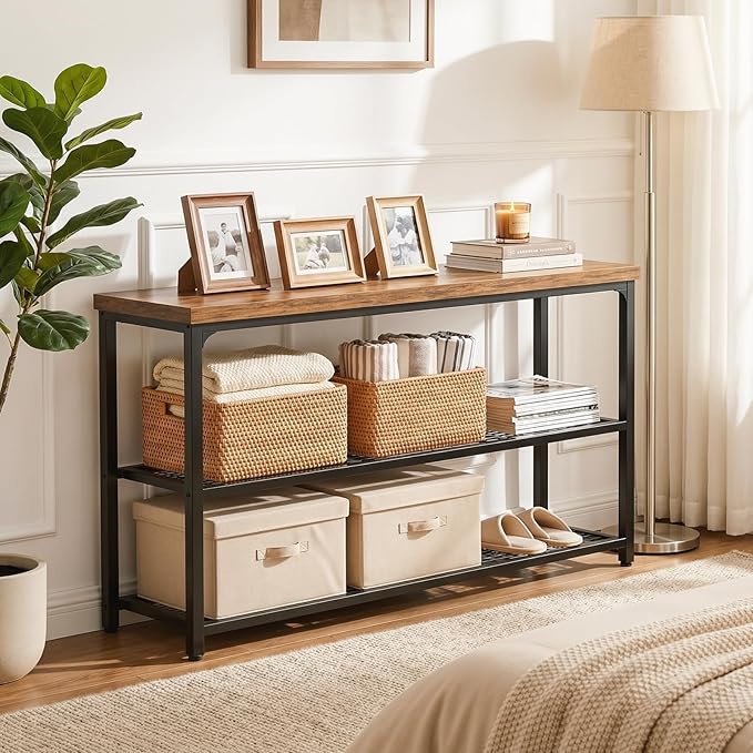 Besiost 47" Console Table with 3-Tier Storage, Industrial Narrow Entryway Table, Sofa Table Behind Couch for Hallway, Foyer & Living Room, Sturdy Metal Frame, Rustic Brown