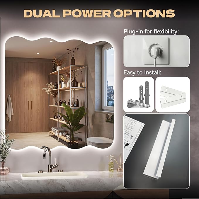 Hasipu Wavy Full Length Mirror with Lights - 36"×36" LED Wavy Floor Mirror, Frameless, Dimmable, Standing or Vertical/Horizontal Wall-Mounted Mirror for Bedroom, Living Room, Cloakroom