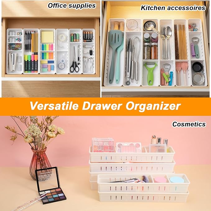 6 PCS Desk Drawer Organizer, Bathroom Drawer Organizer Trays with Dividers Adjustable, 3 Small 3 Large Makeup Organizer Bins, White Drawer Dividers for Vanity Clothes Junk Kitchen Utensil
