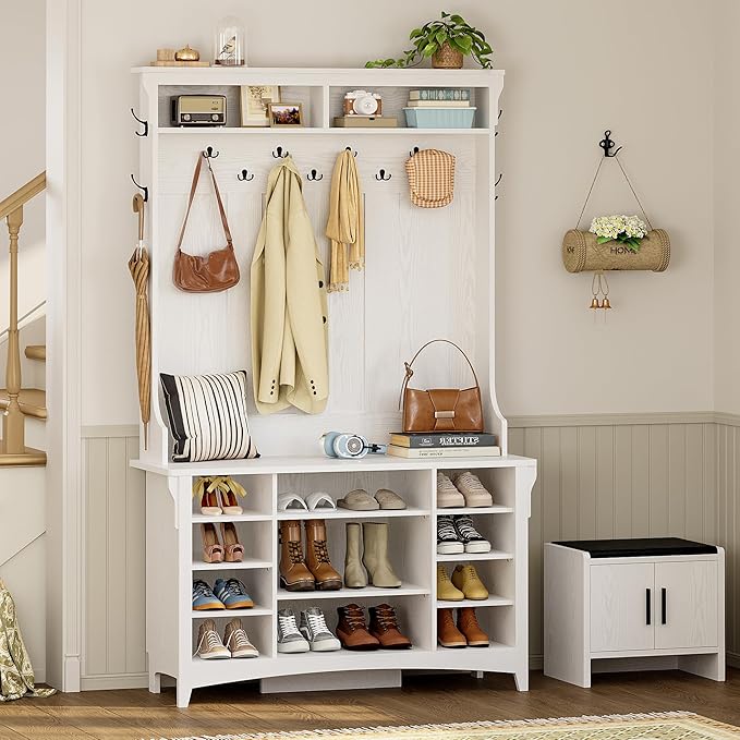 IRONCK Hall Tree with Bench and Shoe Storage, 6-in-1 Entryway Bench with Coat Rack, Adjustable Shelf, Hanging Hooks, 11 Shoe Cubbies, 2-Tier Top Storage, for Entryway, Bedroom, Living Room, White