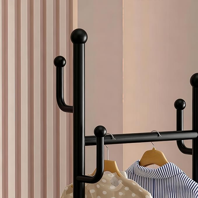 Rolling Coat Rack with Wheels, Freestanding Garment Rack with 6 Hooks & Mesh Storage Basket, Portable Clothing Rack Stand for Entryway, Bedroom, Closet(Black)