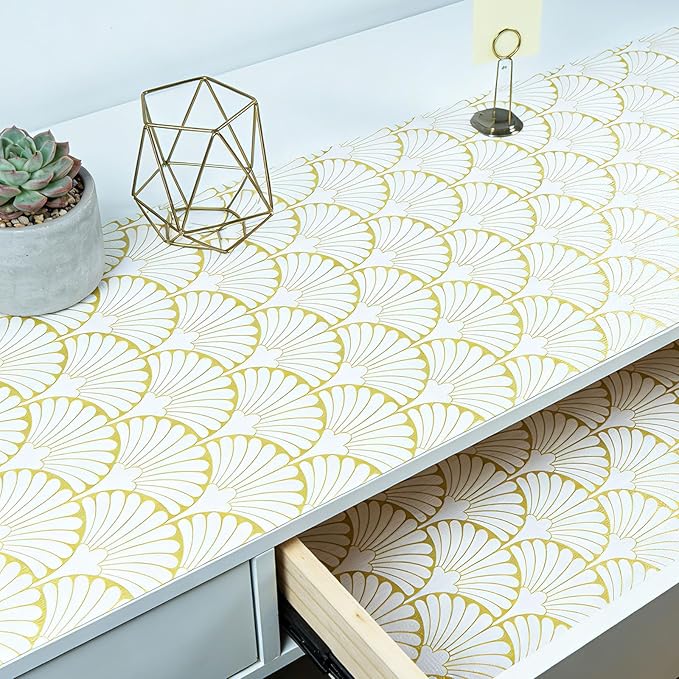 Shelf Liners Non Adhesive Gold Background White Fan-Shaped Pattern - Thickened Non-Slip Easy to Clean Drawer Liner for Kitchen Cabinets, Tool Box,Refrigerator,with Knife & Tape Measure,12in x 10FT