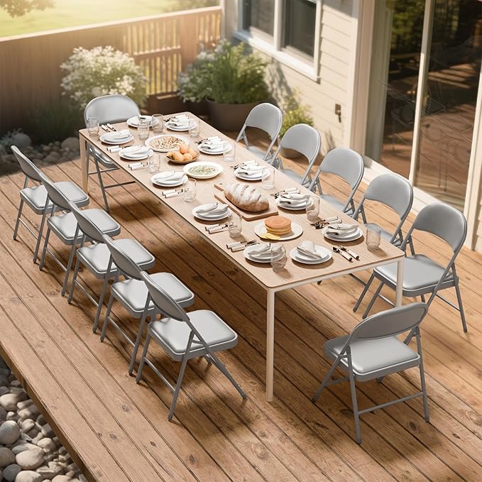 6 Pack Gray Folding Chairs with Padded Cushion and Back for Outside Portable Stackable Commercial Foldable Chairs with Steel Frame for Events Office Wedding Party, 350lbs Capacity