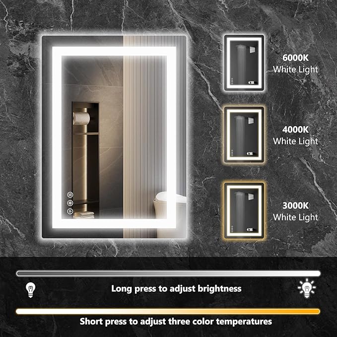 Sweetcrispy 24"x36" Smart Anti-Fog LED Bathroom Mirror with Lights and Front Light & Backlit, 3 Color Temperatures, Dimmable, Memory Function, Rectangle Modern Vanity Mirror