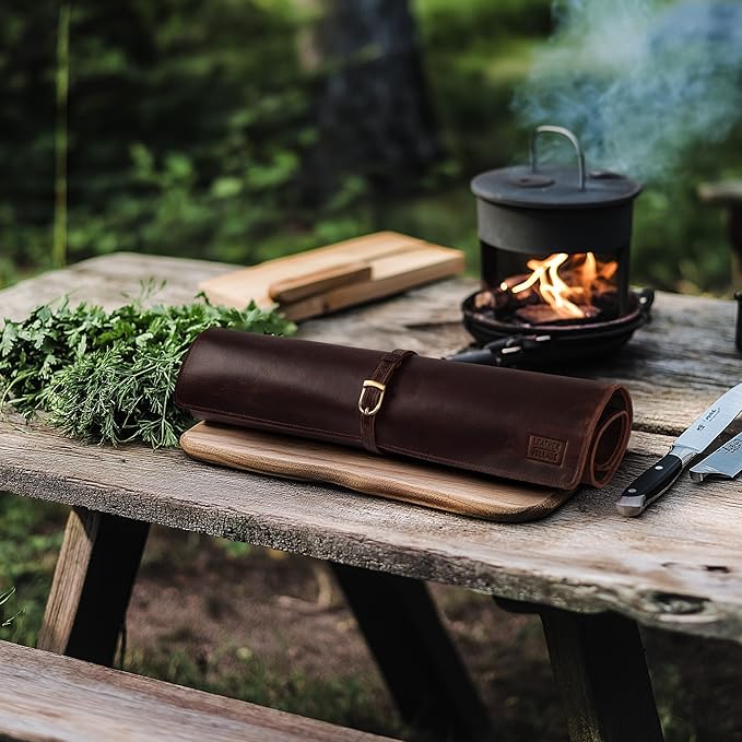 LEATHER VILLAGE Genuine Leather Knife Roll Bag – Professional Chef Carrying Case, Durable Sheath Holder, Cooks & Culinary Tools Organizer, Portable Travel Storage with 4 Slots & Zipper - Cherry