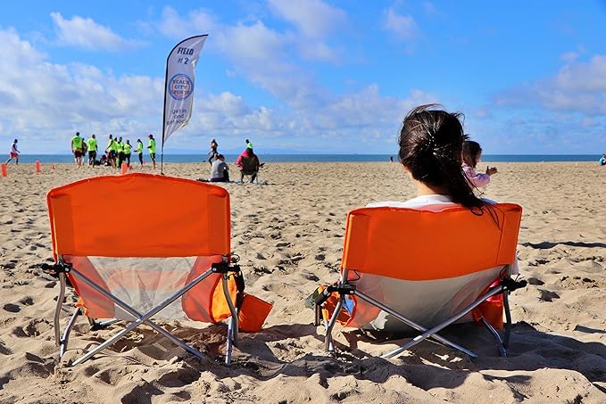 Nice C Low Beach Chair, Beach Chairs for Adults 2 Pack, Sling, Folding, Portable, Concert, Kids, Boat, River, Sand Chair, Sillas De Playa, with Cup Holder & Carry Bag (Set of 2 Orange)