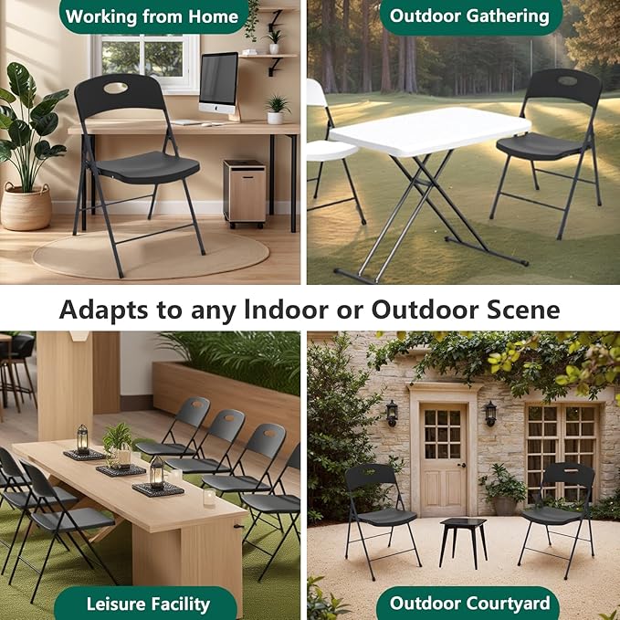 8 Pack Black Folding Chair, Plastic Portable Stackable Commercial Seats with Steel Frame 350lb, Heavy Duty Foldable Chair for Indoor and Outdoor, Patio, Office, Picnic, Kitchen, Events