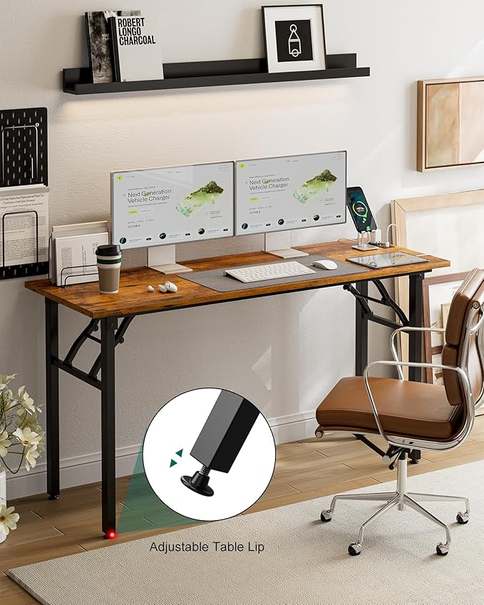 Frylr Small Folding Computer Desk โ 55.1 Inch Portable Table for Craft and Study, Lightweight Desk for Small Spaces, Foldable Laptop Table Built-in AC/USB Outlets for Convenience, Rustic Brown