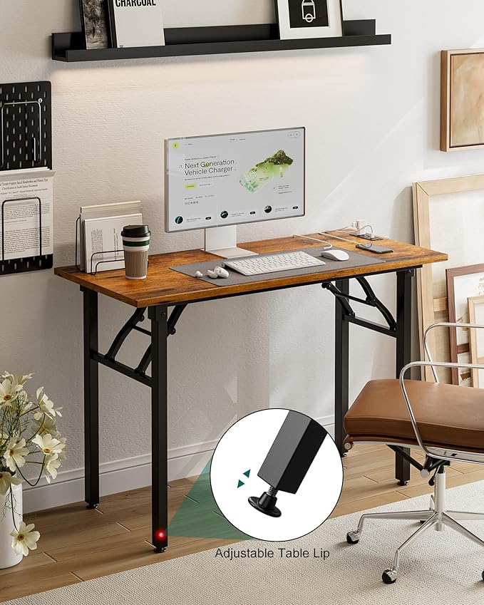 Frylr Small Folding Computer Desk โ 43.3 Inch Portable Table for Craft and Study, Lightweight Desk for Small Spaces, Foldable Laptop Table Built-in AC/USB Outlets for Convenience, Rustic Brown