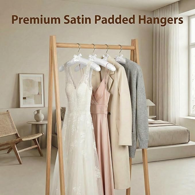 HOUSE DAY 17 Inch Satin Padded Hangers for Women, 4 Pack Heavy Duty Silk Hangers with Swivel Hooks, No Shoulder Bump Thick Foam Hangers for Sweater, Wedding Dress, Coat & Delicate Cashmere - White