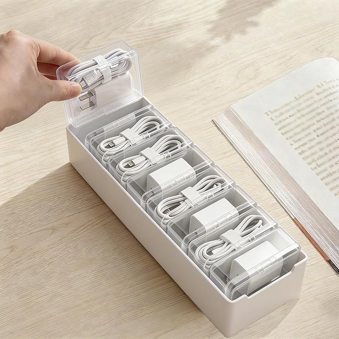 Cable Organizer Storage Box with 8 Wire Ties and Label Stickers,Desktop Charger Cable Management Box with Switch, Cord Organizer for Office,Home,Desk Accessories Storage Stationery Supplies(Clear)