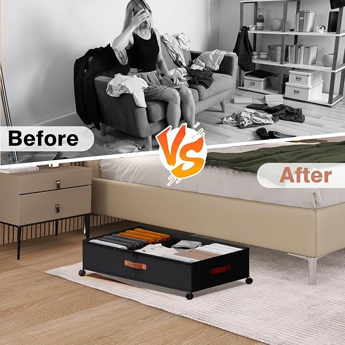 Under Bed Storage 2 Pack 66L for Dorm & Small Apartment - Rolling Containers with Wheels & Clear Lid, Metal Frame, Adjustable Dividers for Clothes/Shoes/Blankets, Easy Roll & See Inside, Black