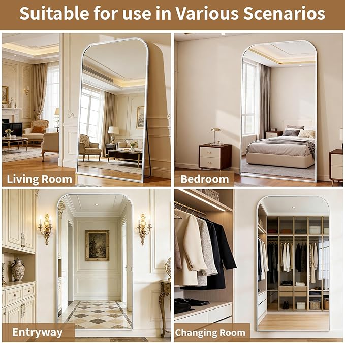 Full Length Mirror 76"x34" Arched Floor Standing Large Mirrors Full Body Mirror with Stand - with Aluminum Frame for Bedroom Living Room, Silver