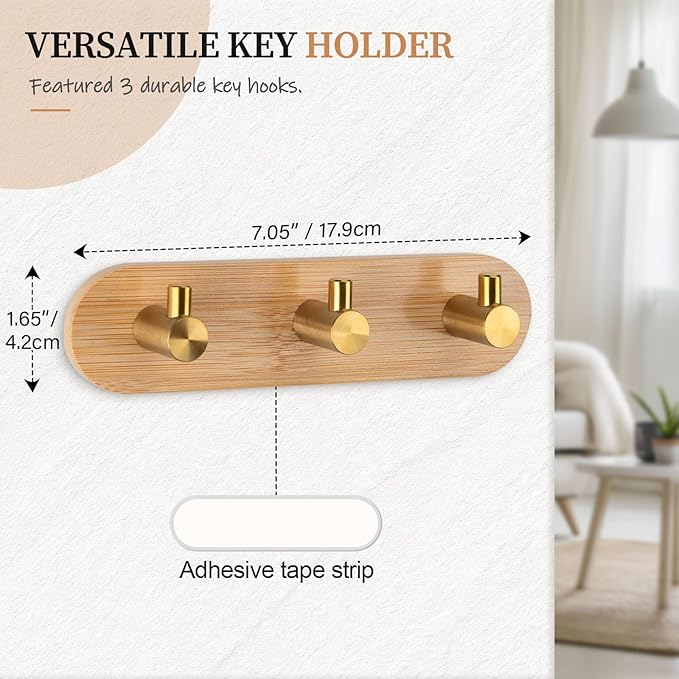 Nekon Bamboo Key Holder for Wall, Wall Mount Key Organizer with 3 Hooks, Decorative Coat Rack for Entryway, Kitchen, Bedroom, Bathroom (Gold Hooks)